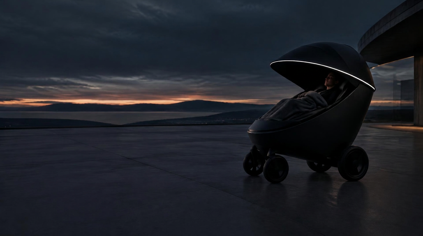 Self-driving adult stroller pod at dusk